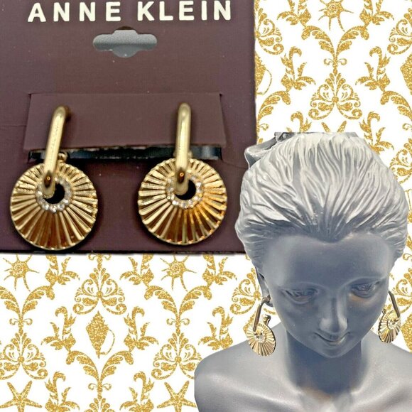 Anne Klein Gold-Tone Textured Pave Crystal Accent J-Circle Post Dangle Earrings - Picture 1 of 3
